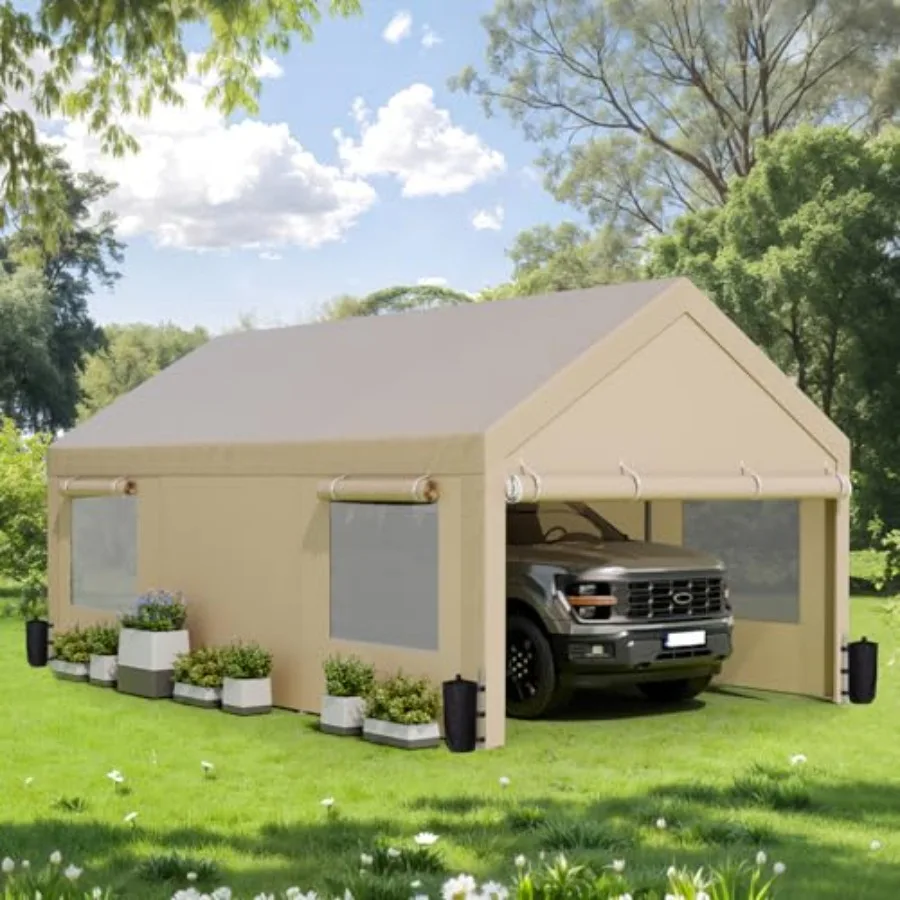 10x20 ft Carport for outdoor vehicle storage, heavy-duty polyethylene tarp, gray, roll-up windows and removable sidewalls for a
