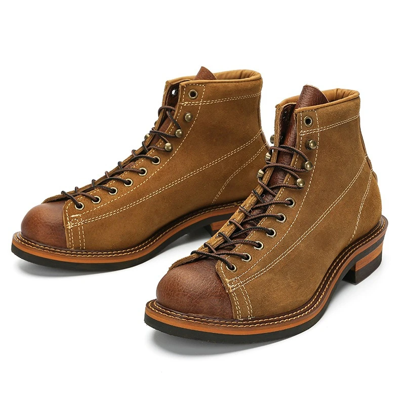 

Vintage Men's Genuine Leather Goodyear Motorcycle Boots High-top Brogue Shoes Western Mid-calf Chelsae Boots