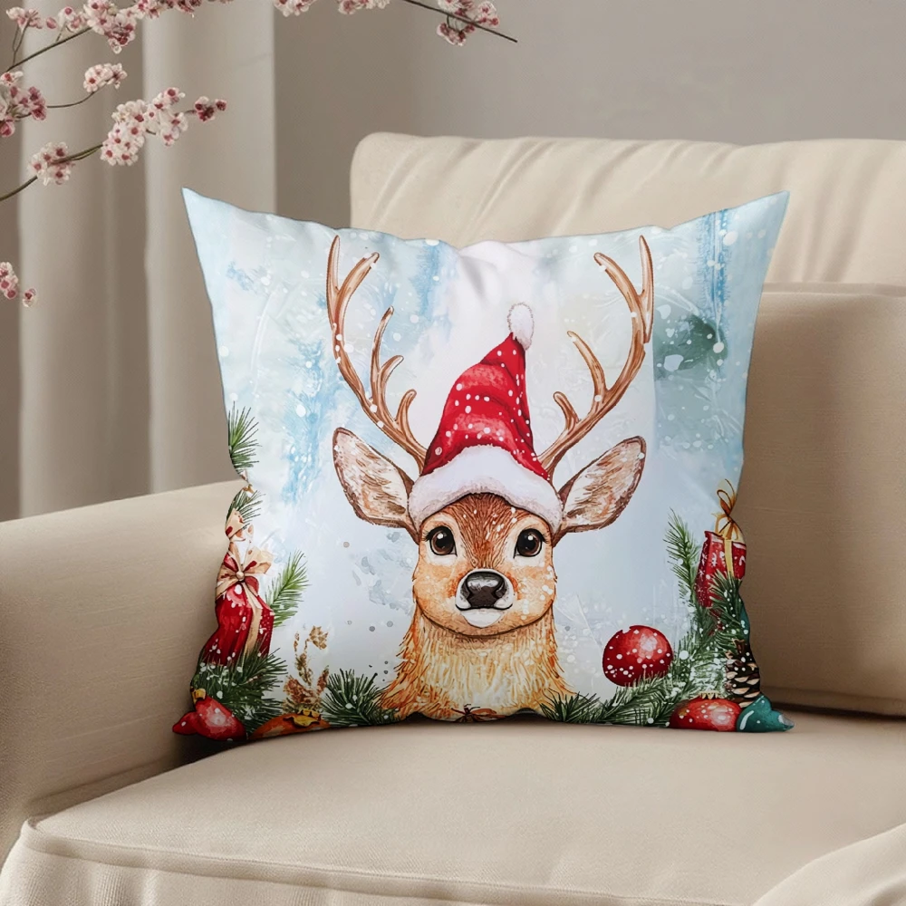 Square Throw Pillow Case Light Blue Watercolor Reindeer Wearing Santa Hat With Christmas Ornaments And Pine Branches For Holiday