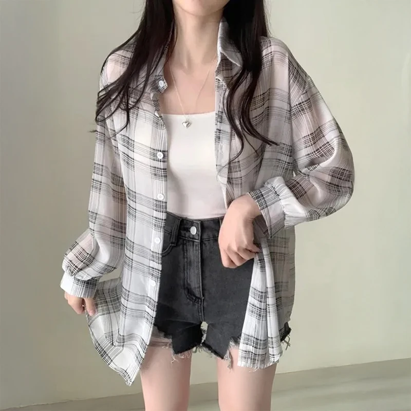 Camicia a quadri da donna in chiffon trasparente a maniche lunghe con colletto e bottoni Top da donna Camicetta monopetto da donna Camicie a quadri larghe e sottili