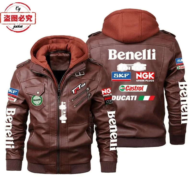 Benelli motorcycle LOGO retro washed pu leather jacket windproof men's hooded jacket team uniform leather jacket