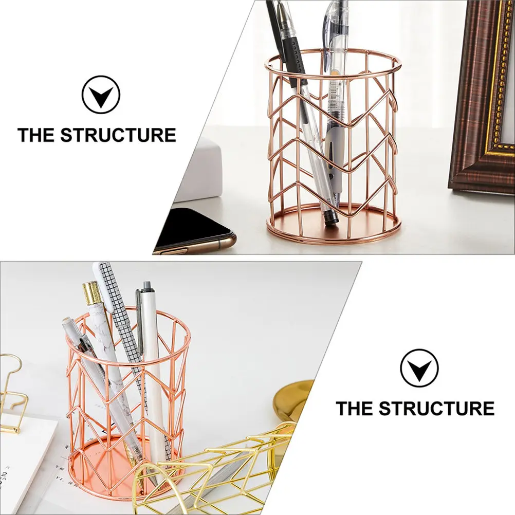 1Pcs Premium Iron Pen Holder Gold Finish Desktop Organizer for Cosmetics Brushes Office Supplies Rust Resistant Simple Design