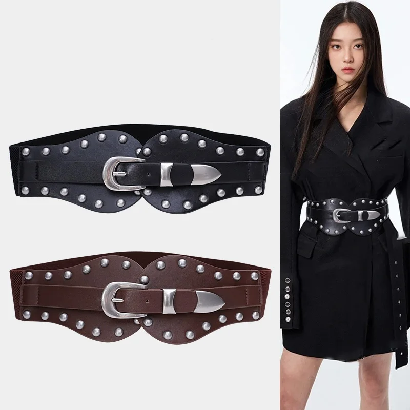 الرجعية السيدات بولي Leather الجلود مشد حزام القوطية نمط مطاطا برشام Cummerbund التعادل حبل فاسق ملحق للنساء قميص حزام ملابس #1
