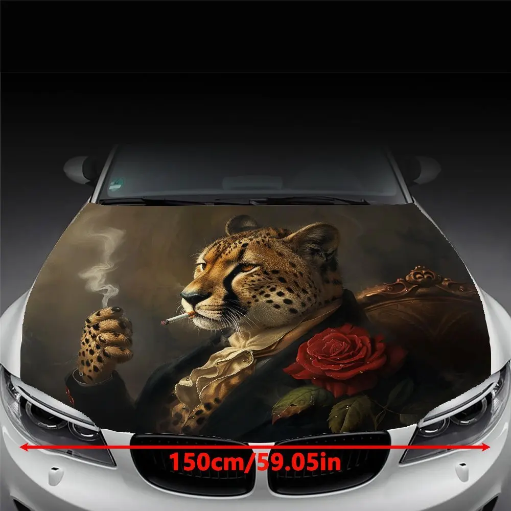 Elegant Leopard Gentleman Car Hood Decal - Durable PVC Vinyl Wrap For Most Vehicles, Automotive Exterior Accessory | Waterproof