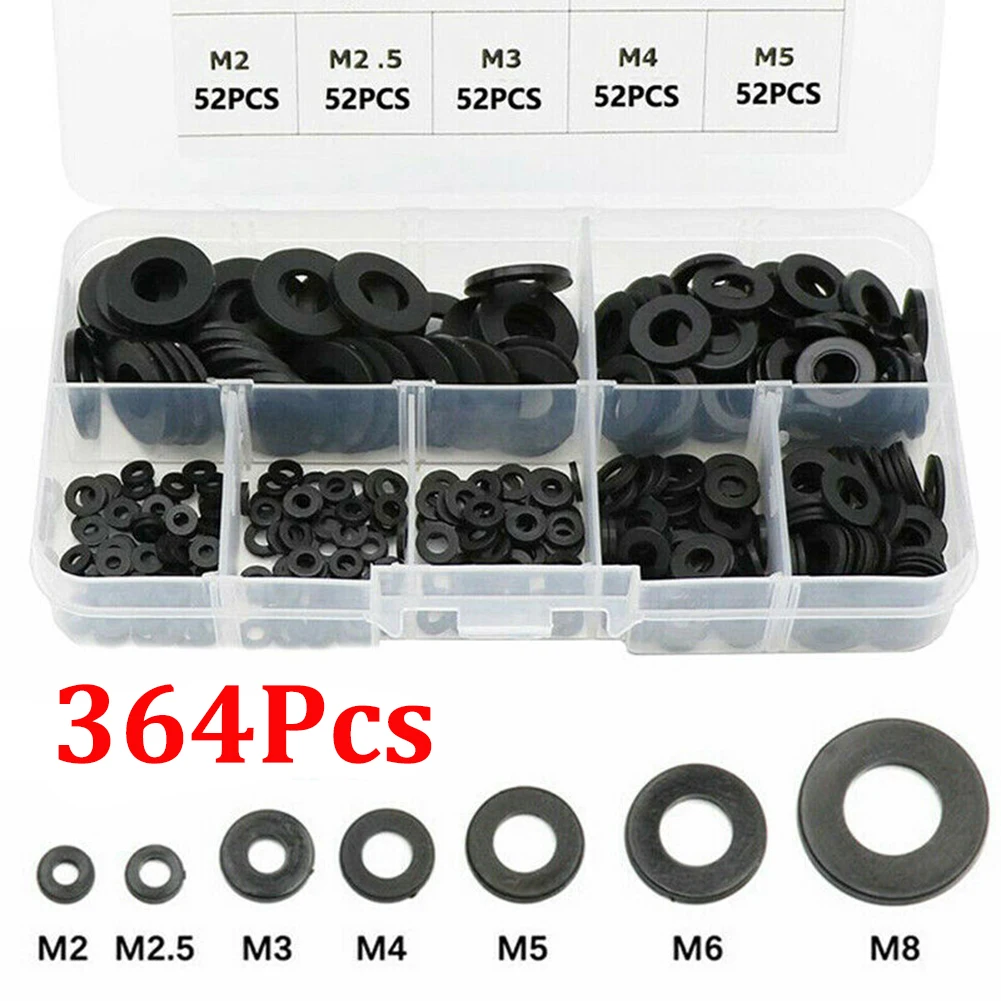 364pcs/Set Black Nylon  Flat Ring Repair Washer Gasket Nylon Washers Plastic Insulation White Metric M2-M8 Spacers Seals