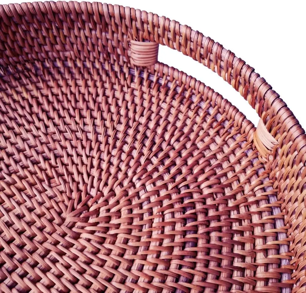 Dark Brown Oval Rattan X-Large Serving Tray for Fruit,Breakfast,Drinks,17 Inch Ottoman Wicker Woven Serving Basket Tray