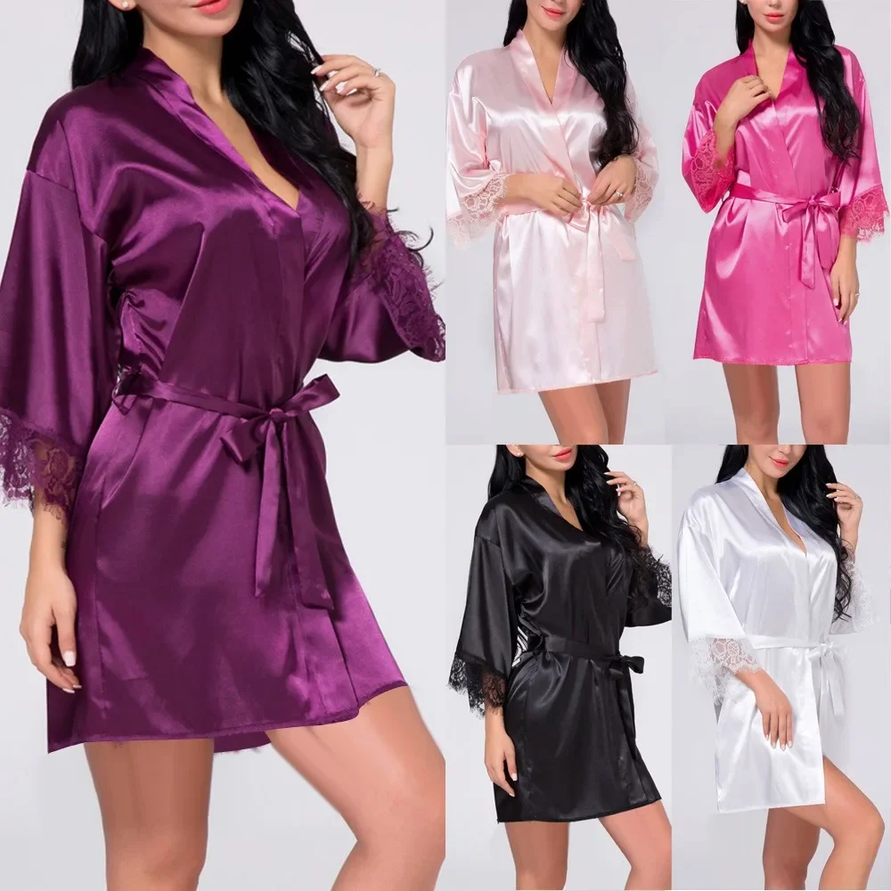 Women Sexy Lingerie Satin Robes Lace Nightdress Bridesmaid Robes Comfort Nightwear Sleepwear Lady Kimono Bathrobe Gown Negligee