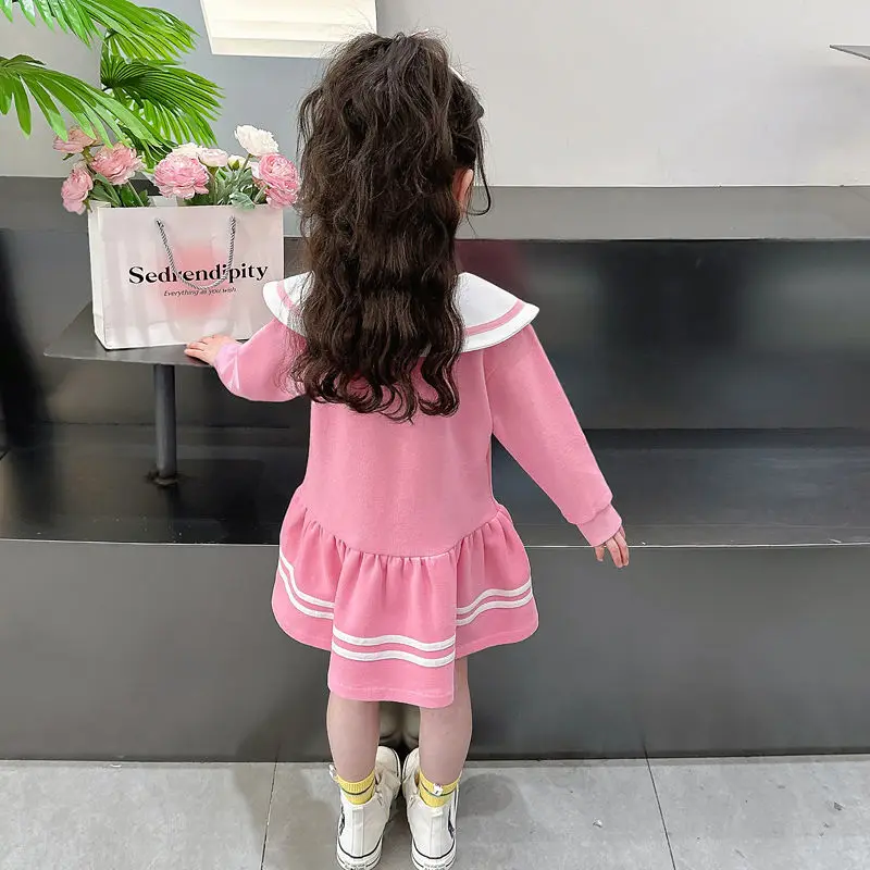 Kawaii Sanrios Kuromi Kids Jurk Met Lange Mouwen Meisjes Preppy Plooirok Navy Hals Mode Lieve Prinsessenjurk Kinderkleding Schattig