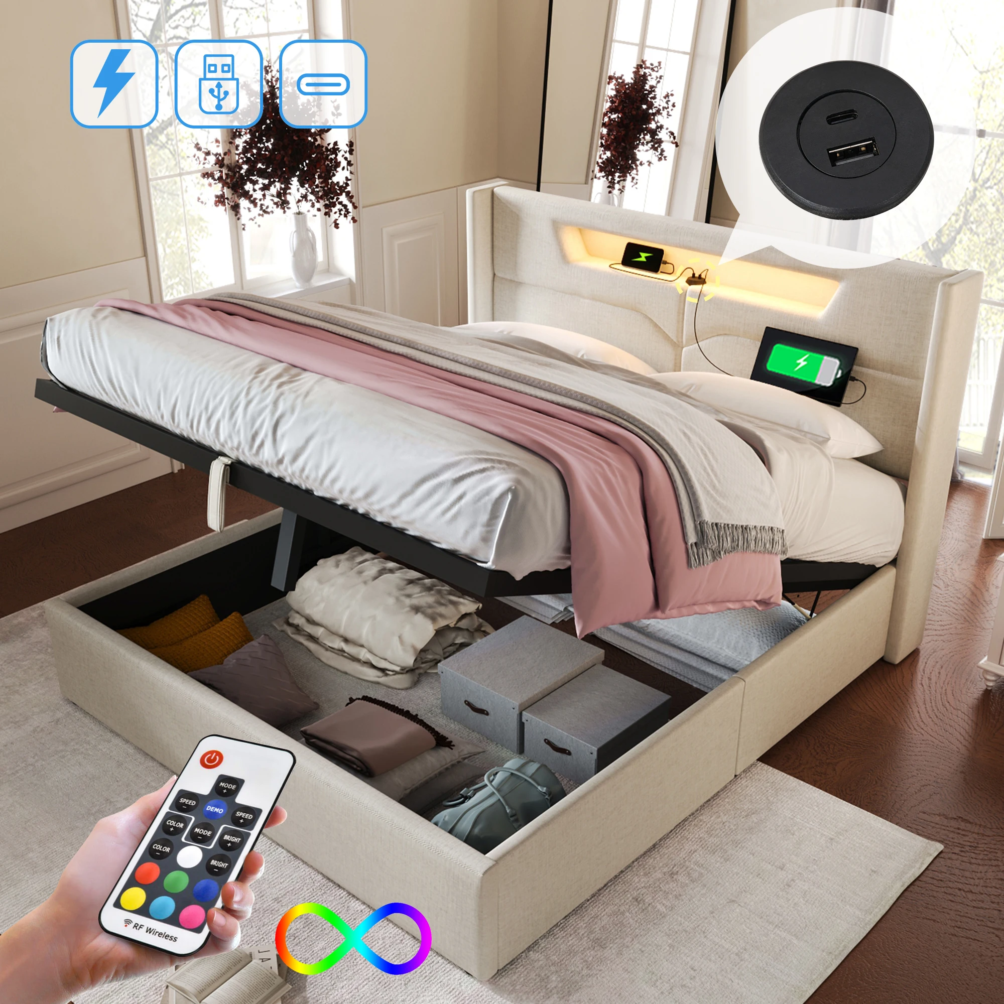 Lit coffre 160x200 cm - Lit double avec USB Type-C et LED - Lin - Sans matelas - Beige