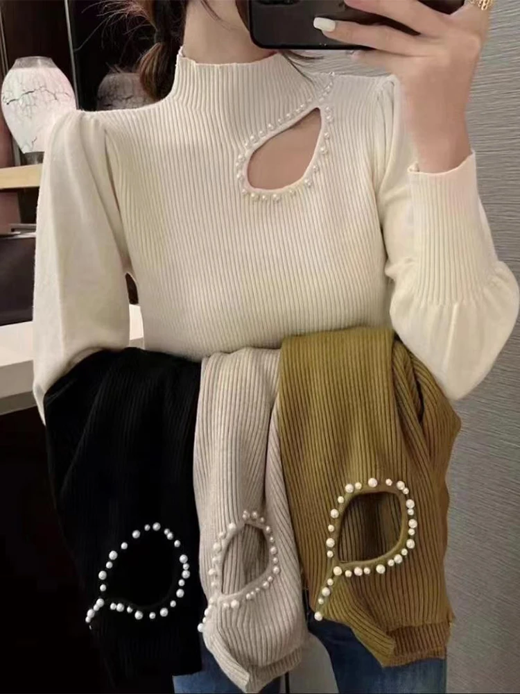 2024 Hollow-out Beading Turtleneck Slim Jumper Soft Warm Pull Femme Autumn Winter Sweater Women Knitted Ribbed Pullover