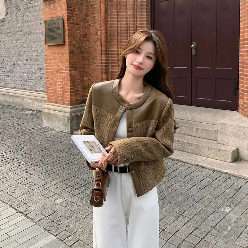 Trend Tweed Jacket Women Cropped Top Patchwork Vintage Spring Autumn Coat Long Sleeves High-quality Outerwear Design Streetwear