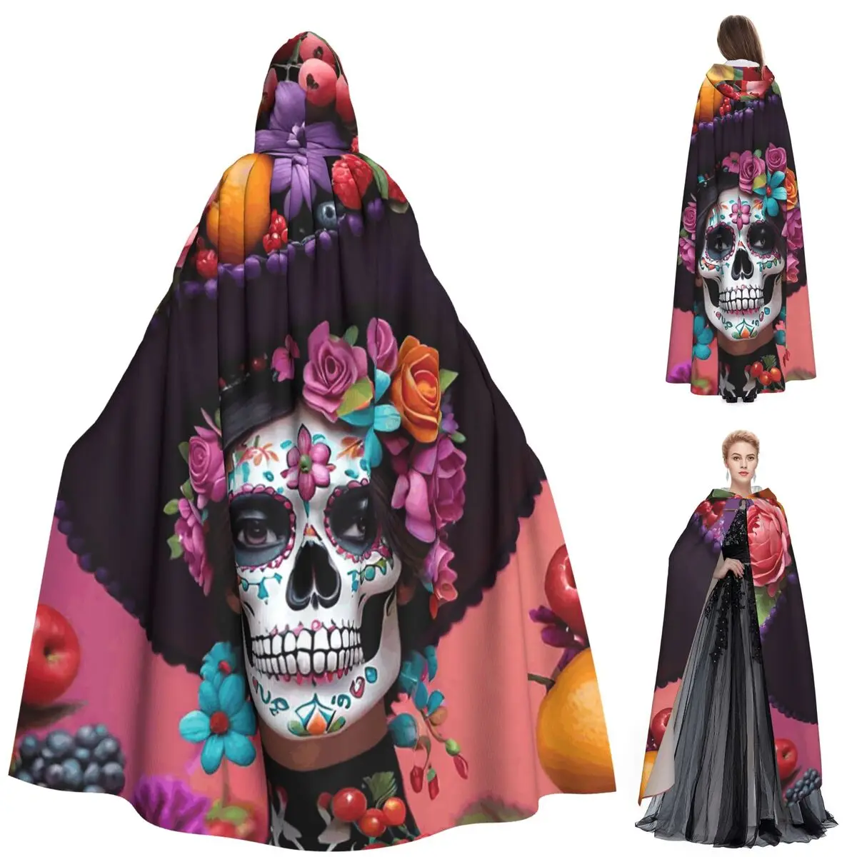 يوم الموتى السكر الجمجمة المكسيكي فتاة طويلة مقنعين عباءة الساحرة القرون الوسطى زي تأثيري كيب HalloweenParty الكبار للجنسين