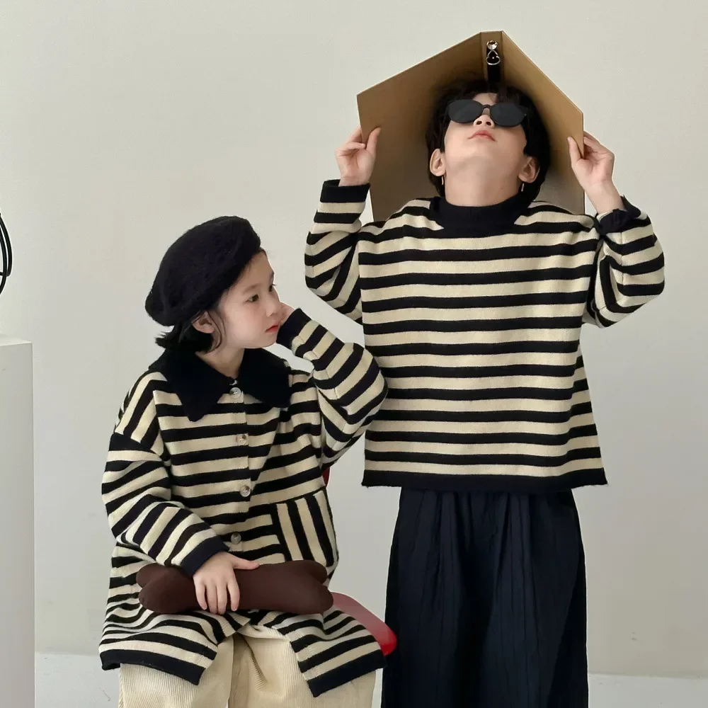 Sweater Autumn Boy Girls Children Clothing Korean Stripe Sweater Children Flip Collar Causal Loose Simple Round Collar 2024