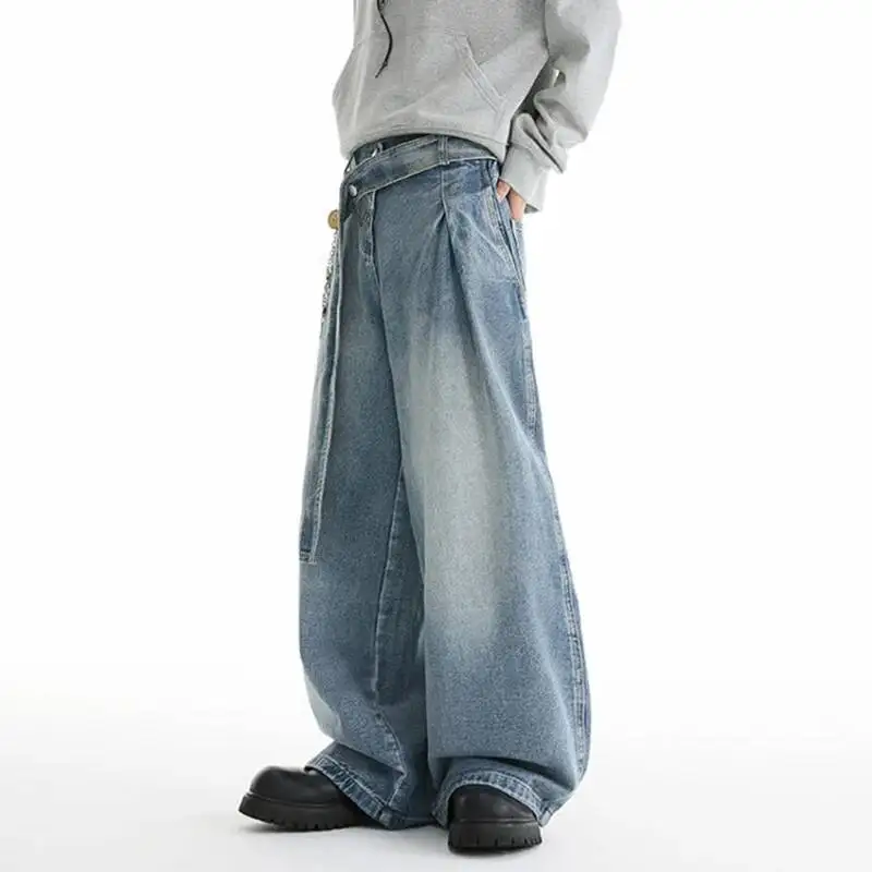 LUZHEN Straight Vintage Style Gradient Jeans Washed Belt Decorate Men Fashion 2025 New High Quality Wide Leg Denim Pants JY7089