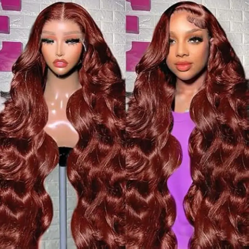 30 Inch Body Wave 13x4 Lace Frontal Human Hair Wigs Colored Water Wave 250% Reddish Brown 13x6 Full HD Lace Front Wig For Women