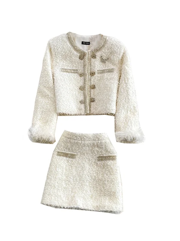  Embroidered Bead Diamond Patchwork Fringe Sve Outerwear ort Skirt Two-Piece Set Winter Faion Youthful Sle