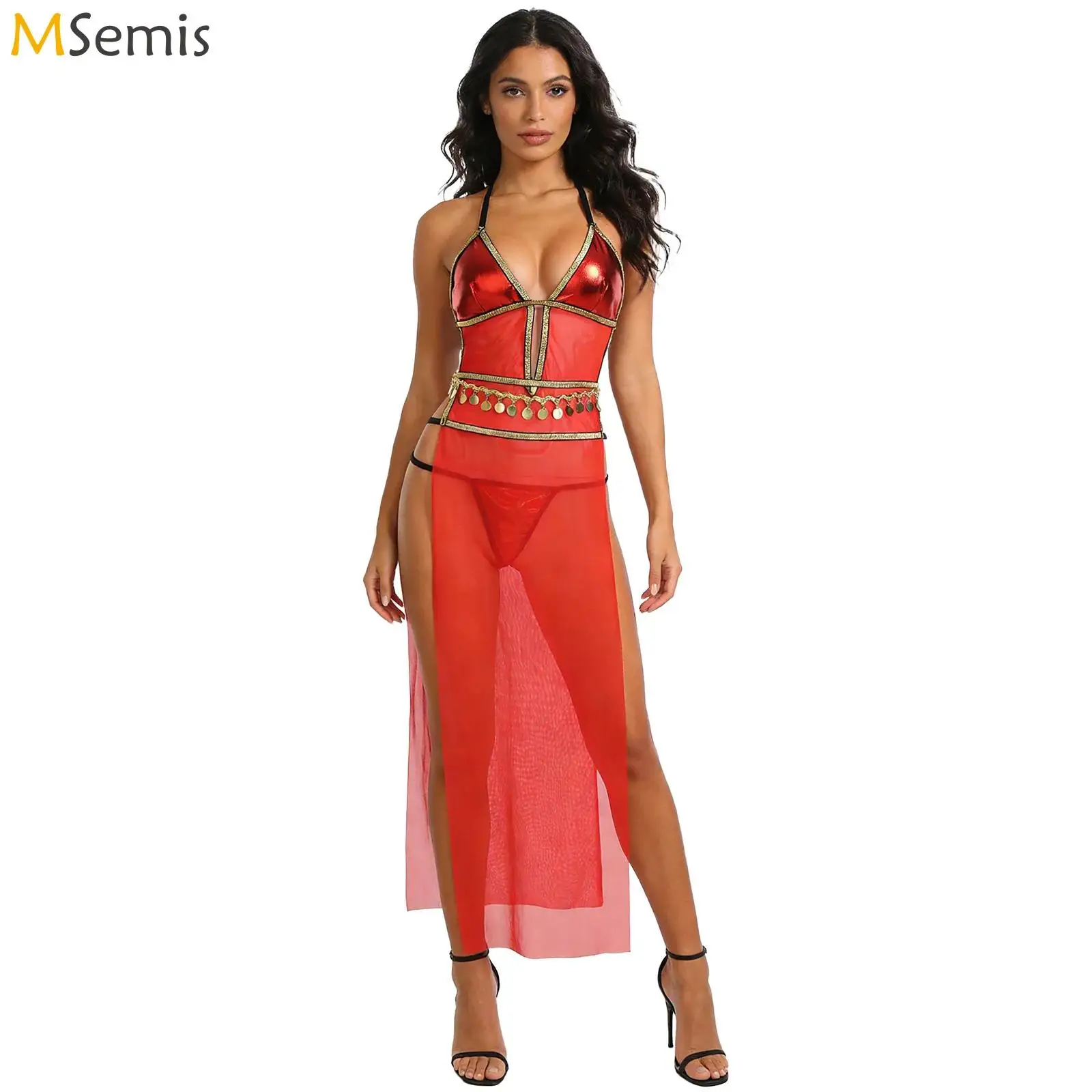 

Womens Egyptian Queen Cleopatra Belly Dance Costume Cosplay Outfits Lingerie Metallic Shiny And Mesh Slit Hem Dress with Thongs