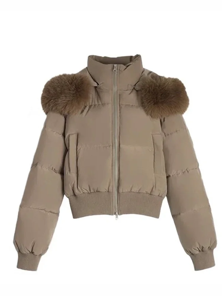 Lady Navy Blue Cropped Hooded Puffer Jacket With Faux Fur Collar Zip‑up Loose Short Cotton Padded Coat Winter Warm Outerwear