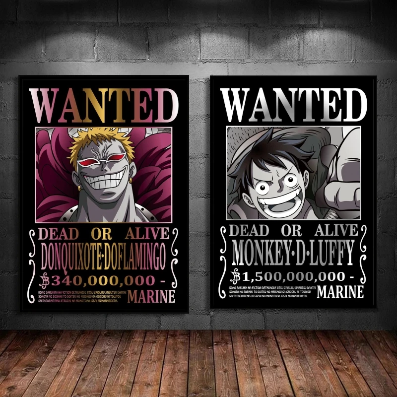 Canvas Painting One Piece Anime Figure Donquixote Doflamingo Monkey D Luffy WANTED HD Picture Suitable for Bedroom Decor Gifts