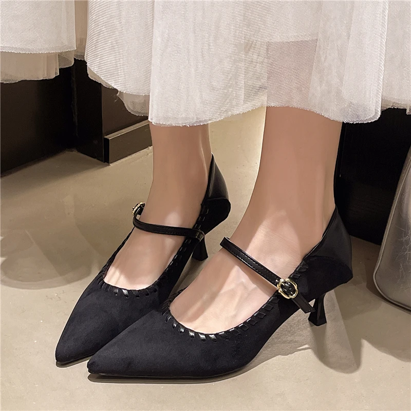 Kitten Heel Single Shoes Fashion Pointed Fleece One Strap Soft Sole Anti-Slip Wear-Resistant Low Top Shoes