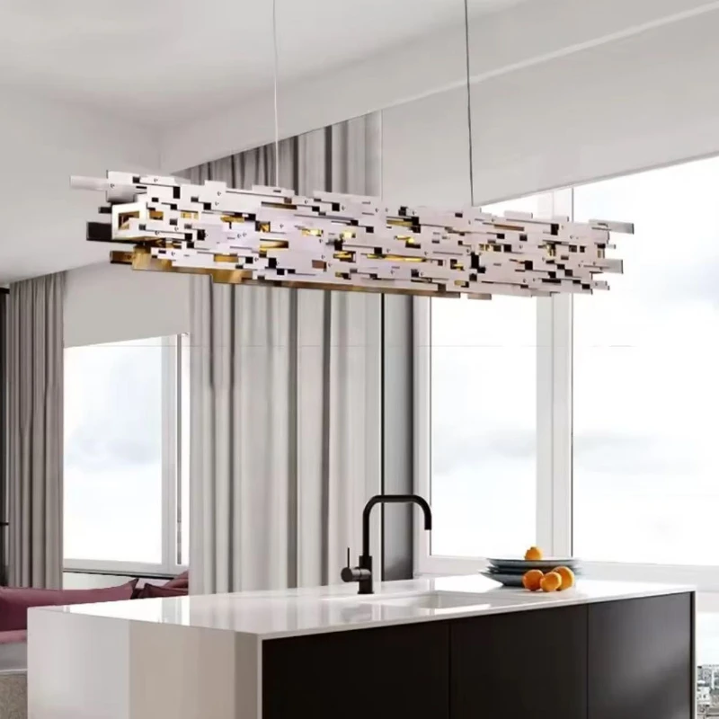 

Nordic art rectangular designer light Mechanical Stainless steel LED Hanging Chandelie lustre Ceiling for Living room