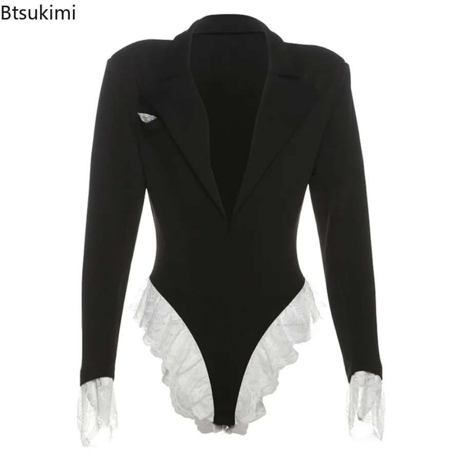 Traje de encaje a la moda para mujer, mono, chaqueta de otoño, Tops para el cuerpo con cuello en V, cárdigan Sexy ajustado de manga larga, ropa de calle, peleles negros para mujer