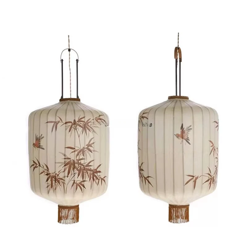 

Chinese Style Japanese Fabric Lantern Pendent Lamp Restaurant Hotel Tatami Hand-painted Bamboo Leaf Pattern Room Decor Lights