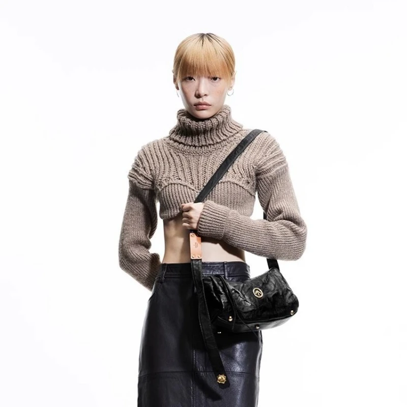 GROTTO 2025 ใหม่หินสีดํากระเป๋าขนาดเล็กUnisexผักกระป๋องSheepskinไหล่เดี่ยวCrossbodyกระเป๋านุ่ม