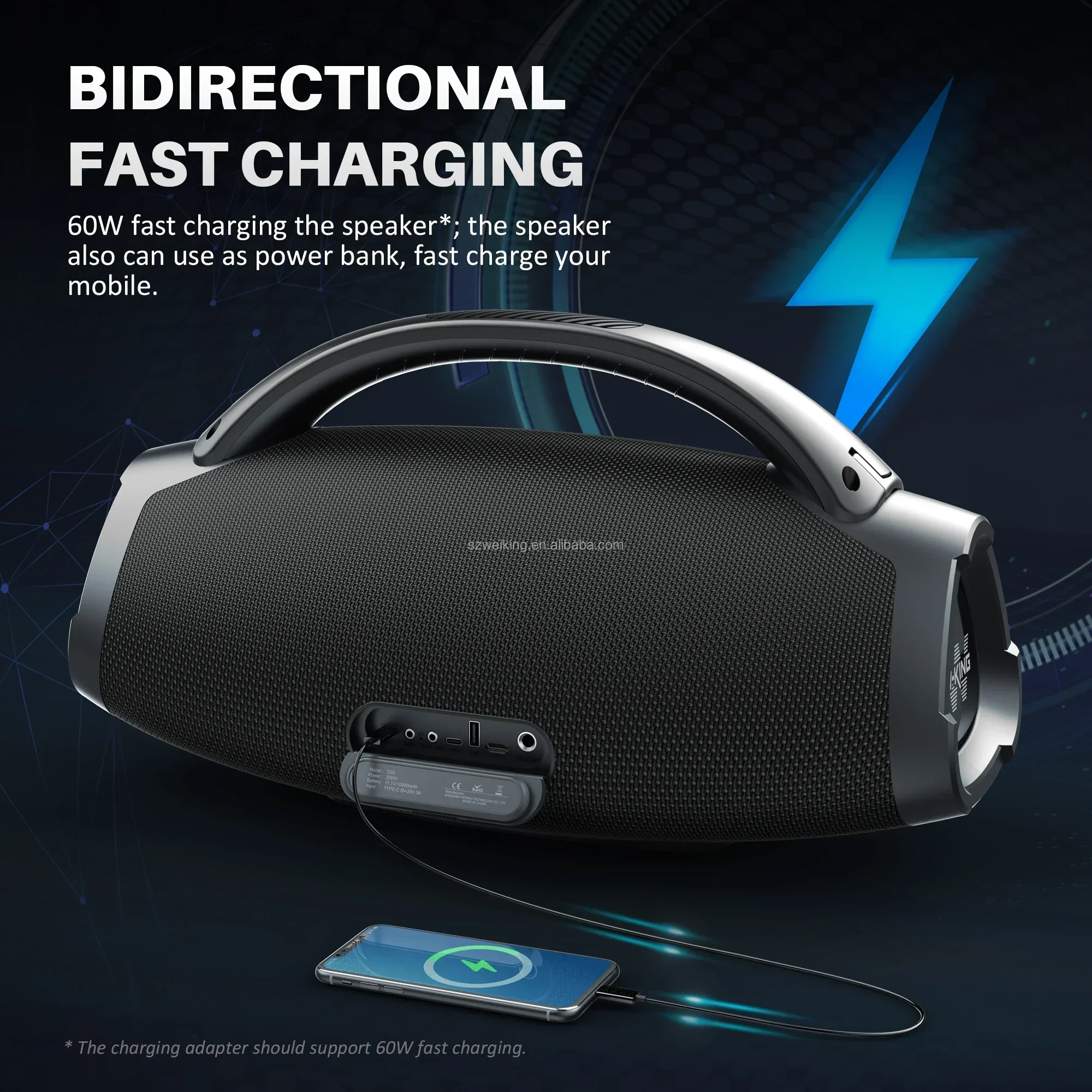 

2026 W-KING Latest D20 Powerful 200W Super Bass IPX6 Waterproof Outdoor boombox wireless Bluetooth speaker, with fast charging