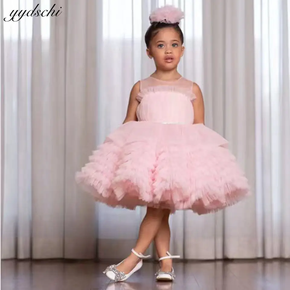 Lovely Pink Puffy Flower Girls Dresses For Wedding 2023 Tulle Tiered Princess Sleeveless Ball Gown Pageant First Communion Gowns