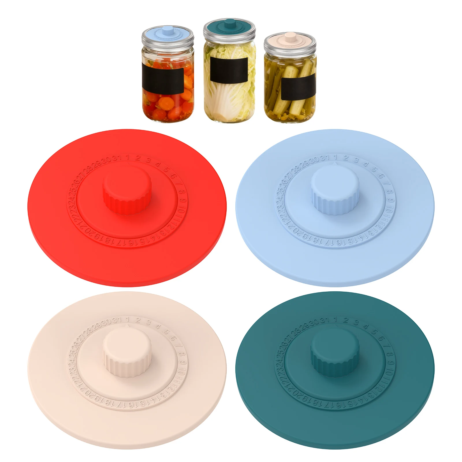 Tapa de fermentación de silicona para tarros de boca ancha, tapa de fermentador reutilizable con rastreador de fecha, tapas de succión selladas, 4 Uds.