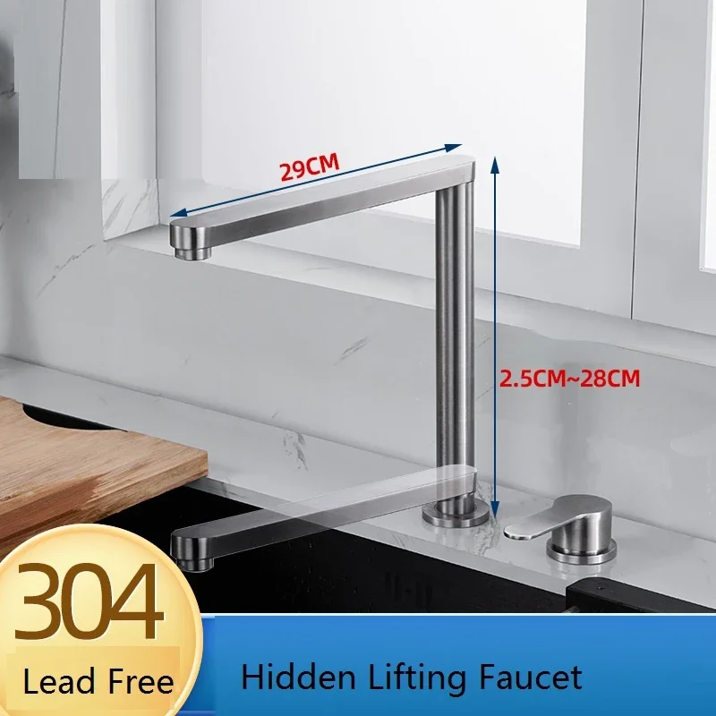 

Stainless Steel Lead Free Kitchen Faucet Hidden Lifting Cold Hot Water Mixer Tap Single Handle 2-hole Split Sink Fauct