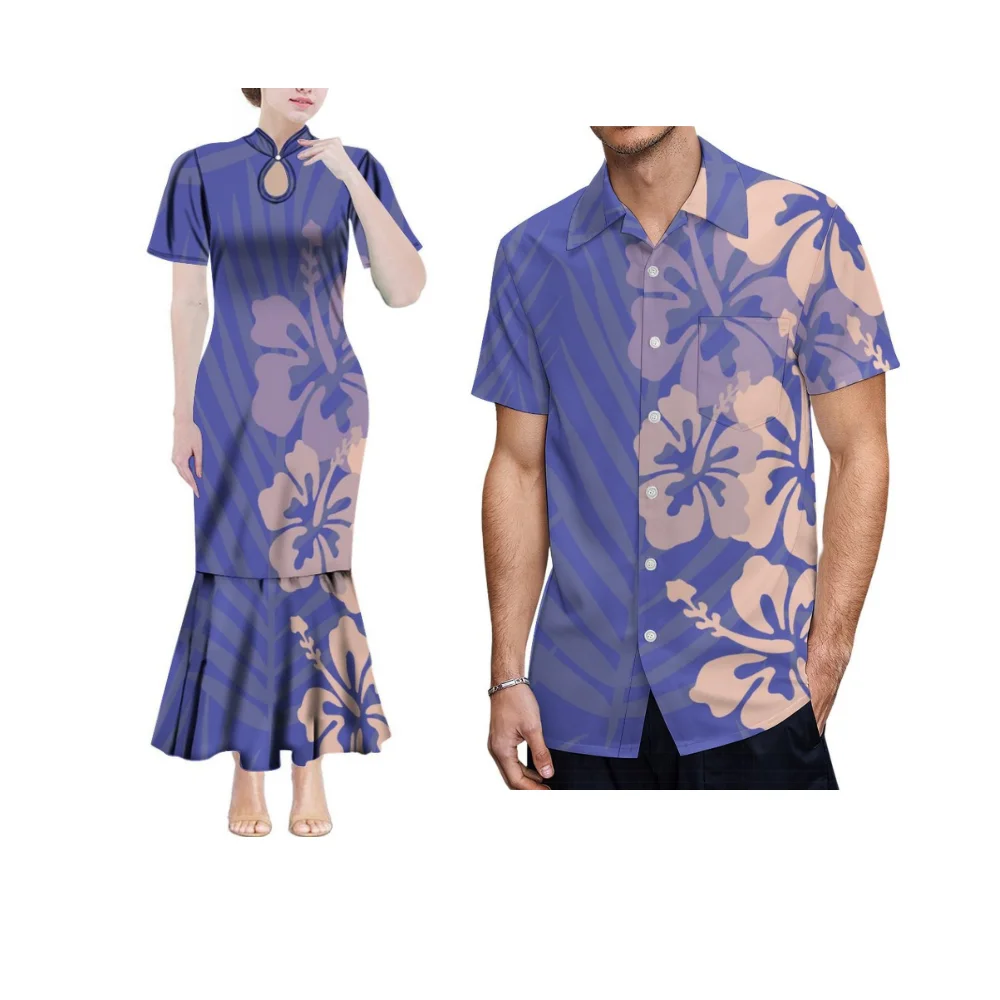 Design de emagrecimento feminino waterdrop gola alta saia rabo de peixe verão personalizado camisa masculina polinésia roupas de casal