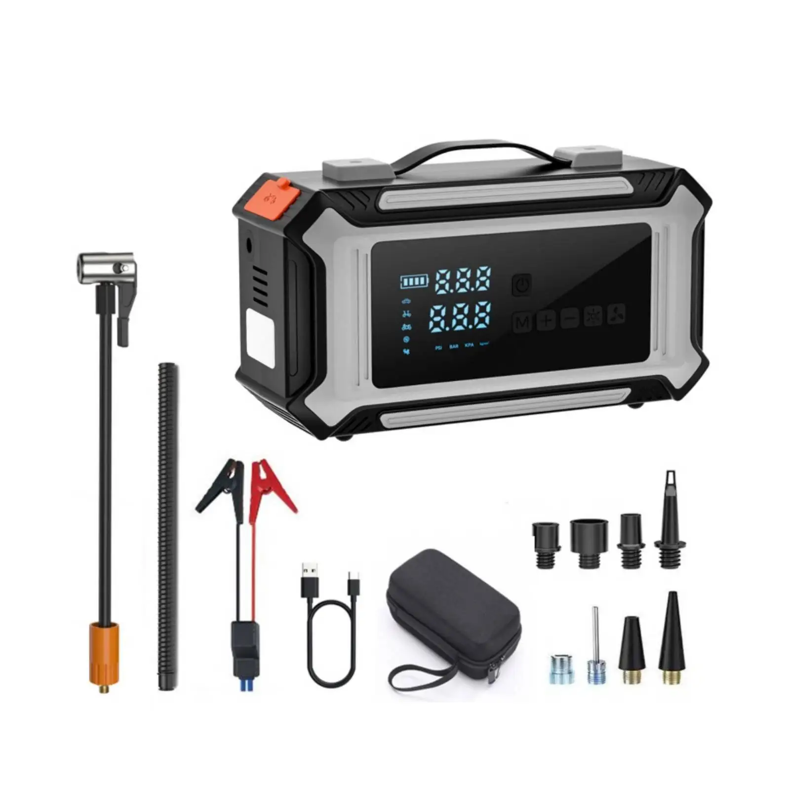 Portable Vehicle Emergency Pump with Tire Inflator and Jump Starter for Car Roadside Assistance Kit