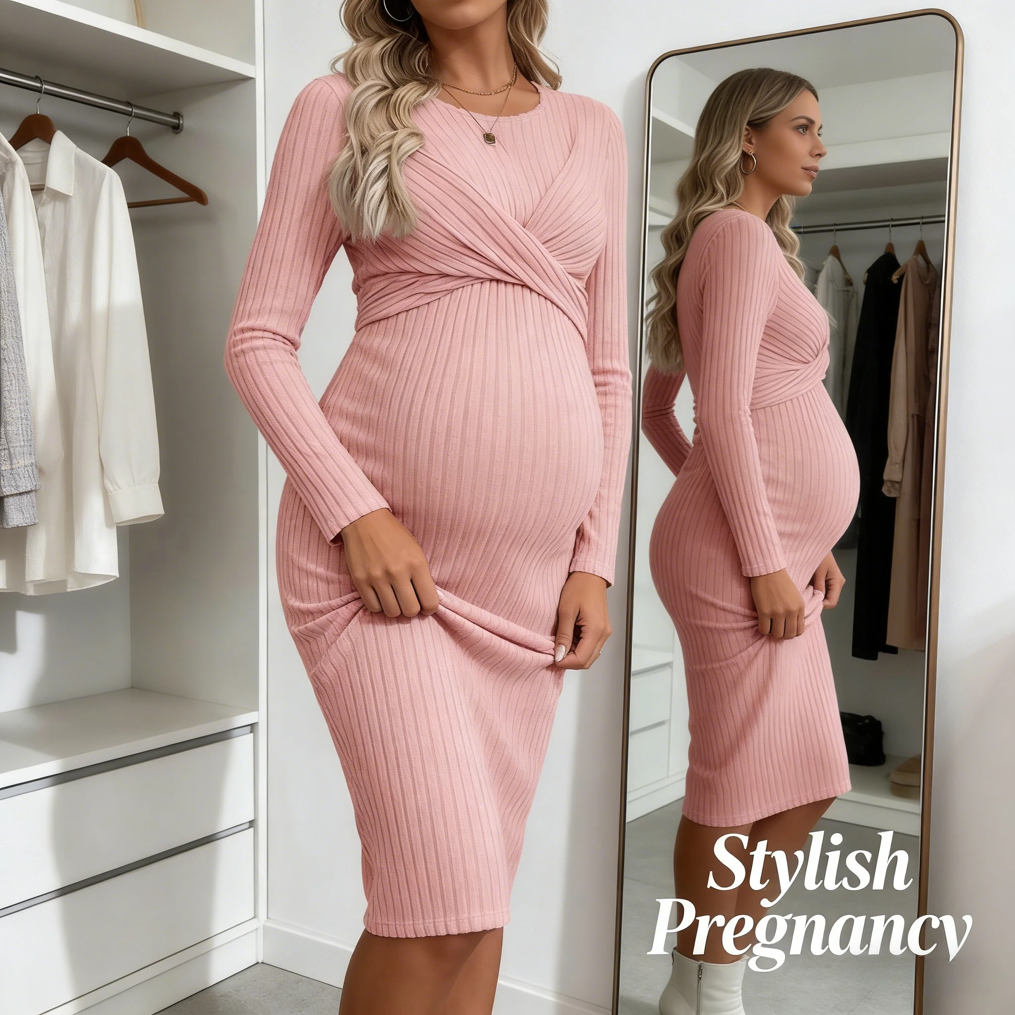 

Платье для беременных в европейском стиле с длинным рукавом, элегантное, с декоративной завязкой, облегающее