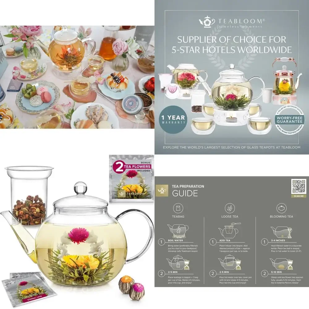 

Stovetop & Microwave Safe Glass Teapot with Removable Loose Tea Glass Infuser – Includes 2 Blooming Teas – 2-in-1 Tea Kettle and
