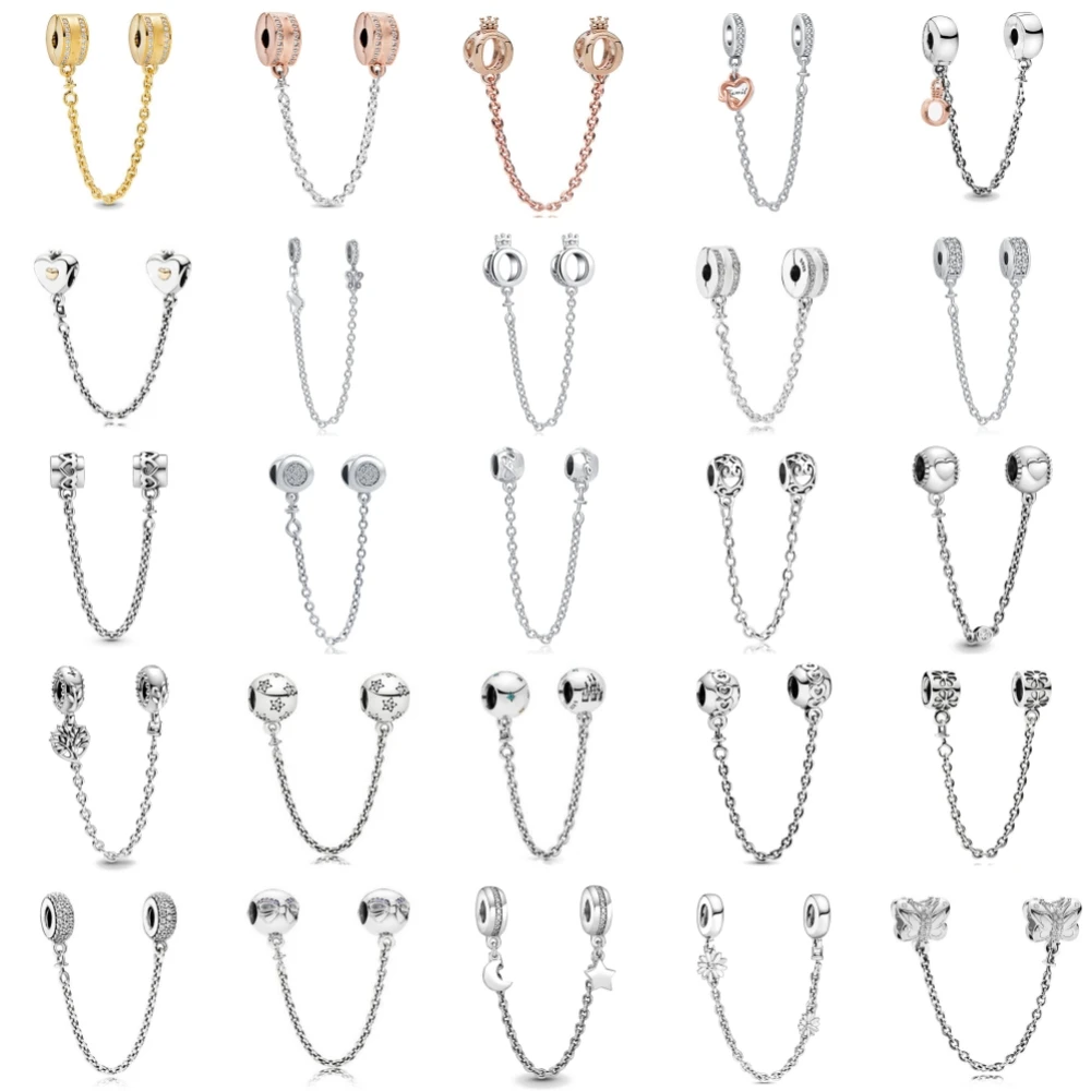 925 Sterling Silver Plated Rose Gold Pendant Lock Safety Chain Diy Bead Fit Original Bracelet Women Charms Jewelry Accessories