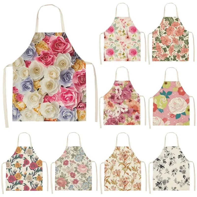 Flower Pattern Cleaning Colorful Apron Home Cooking Kitchen Apron Wear Cotton Linen Adult Bibs Home restaurante