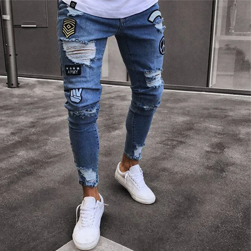 Men Stretchy Ripped Skinny Biker Embroidery Cartoon Print Jeans Destroyed Hole Slim Fit Denim High Quality Hip Hop Black Jeans