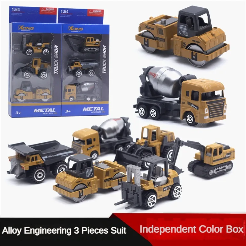 1:64 6 alloy construction vehicle models 3-piece set, excavator mixer forklift car model, toy