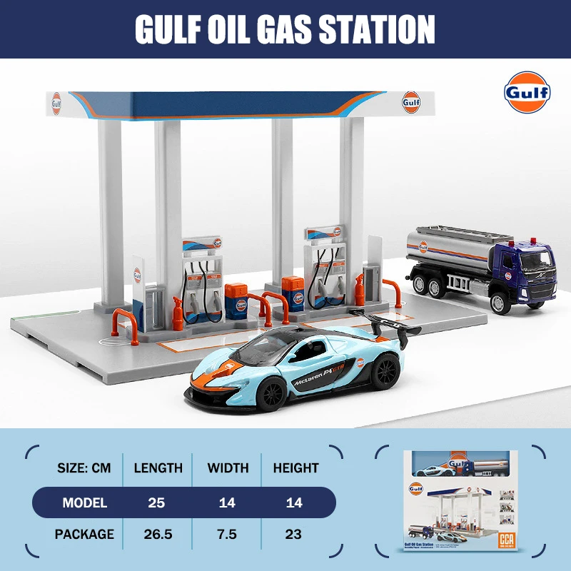 CCA 1:72 Road rescue Petrol stations Gulf Oil Co branded Car Model Acrylic Box Metal Alloy Car Toy Gift Series