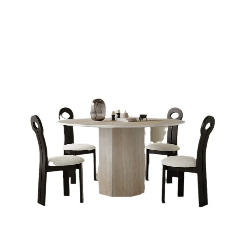 

Log wind dining table and chairs, medieval wind tunnel stone round rock slab dining table