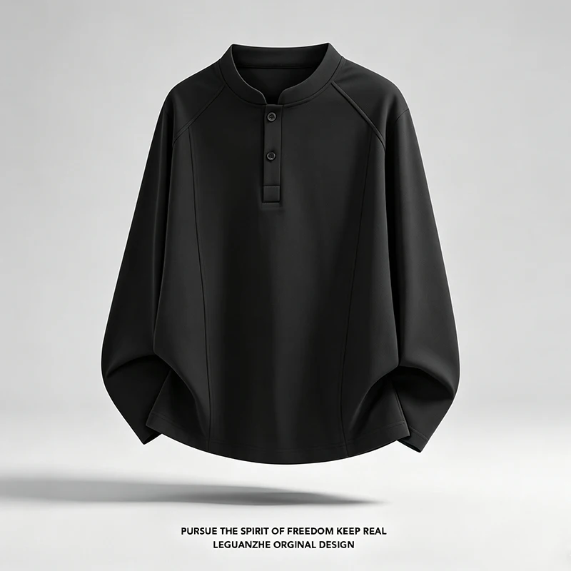Herren-Freizeit-Langarm-Henley-Shirt mit Stehkragen, Raglanärmeln, lockerer Passform, leicht, weich, Basic-Oberteil – Detail 6