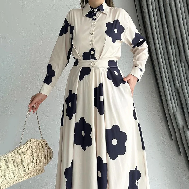 แฟชั่นสไตล์พร็อพปกพิมพ์เสื้อชุดหรูหราแขนยาวเอวสูงกระโปรงบางขนาดใหญ่ลําลองหลวมผู้หญิงแต่งตัว