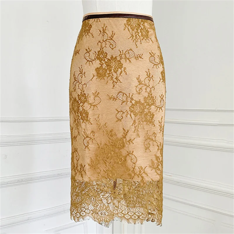 

Women's skirt New high waisted slim long dress for spring 2026 Lace patchwork pencil skirt women's half skirt knee length skirt