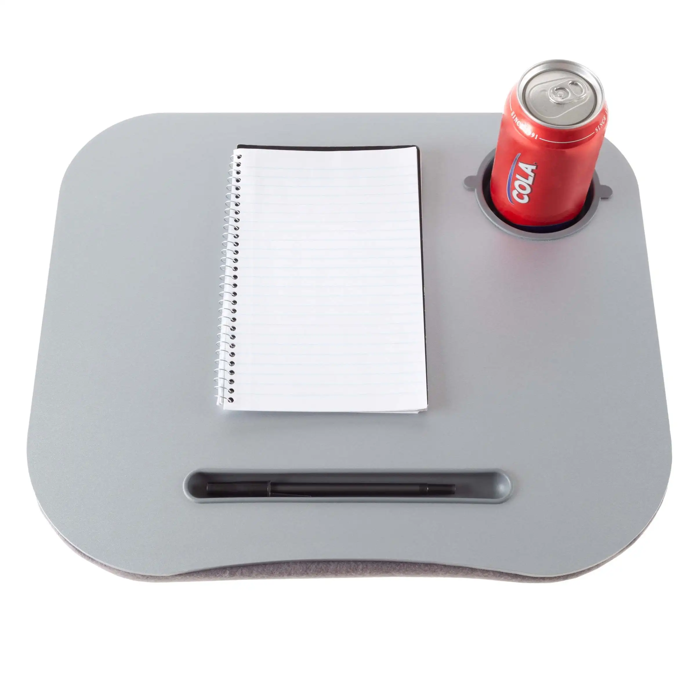 

Портативный письменный стол с мягкой обивкой (серый), материал — пластик, пенопластовые бусины и шерсть.