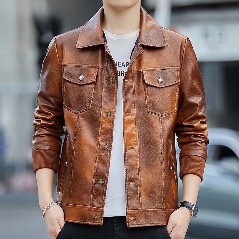 가을 남성 패션 인조 가죽 아우터 캐주얼 인조 가죽 재킷 라펠 아우터웨어 남성용 큰 사이즈 코트 개성