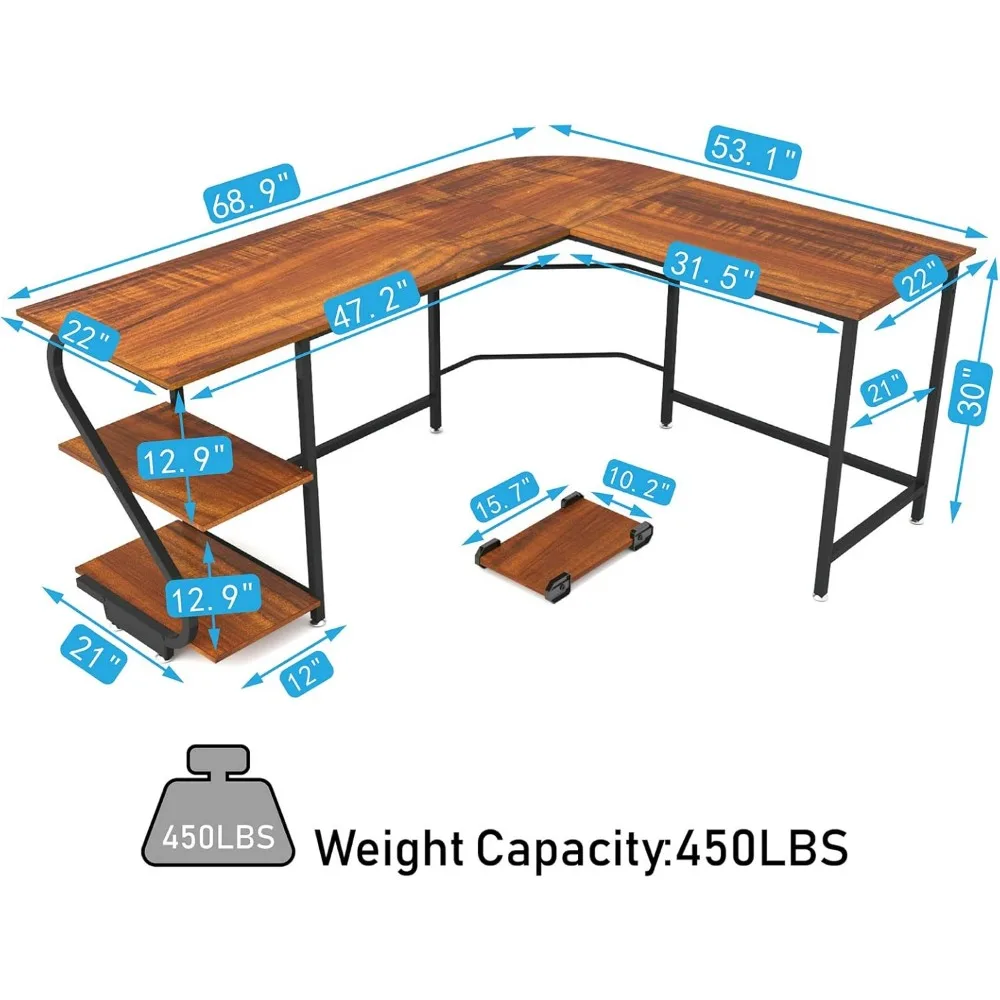 Wendbarer L-förmiger Schreibtisch mit Regalen, großer Eck-Gaming-Computertisch für Heimbüro, Schreibarbeitsplatz, Holztisch