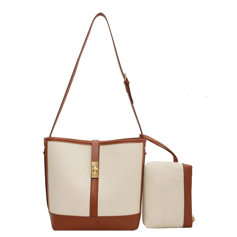 Nieuwe Casual Canvas Emmer Tote Tas Voor Vrouwen Dames Contrasterende Draad Grote Capaciteit Schouder Crossbody Hanndbag Purse