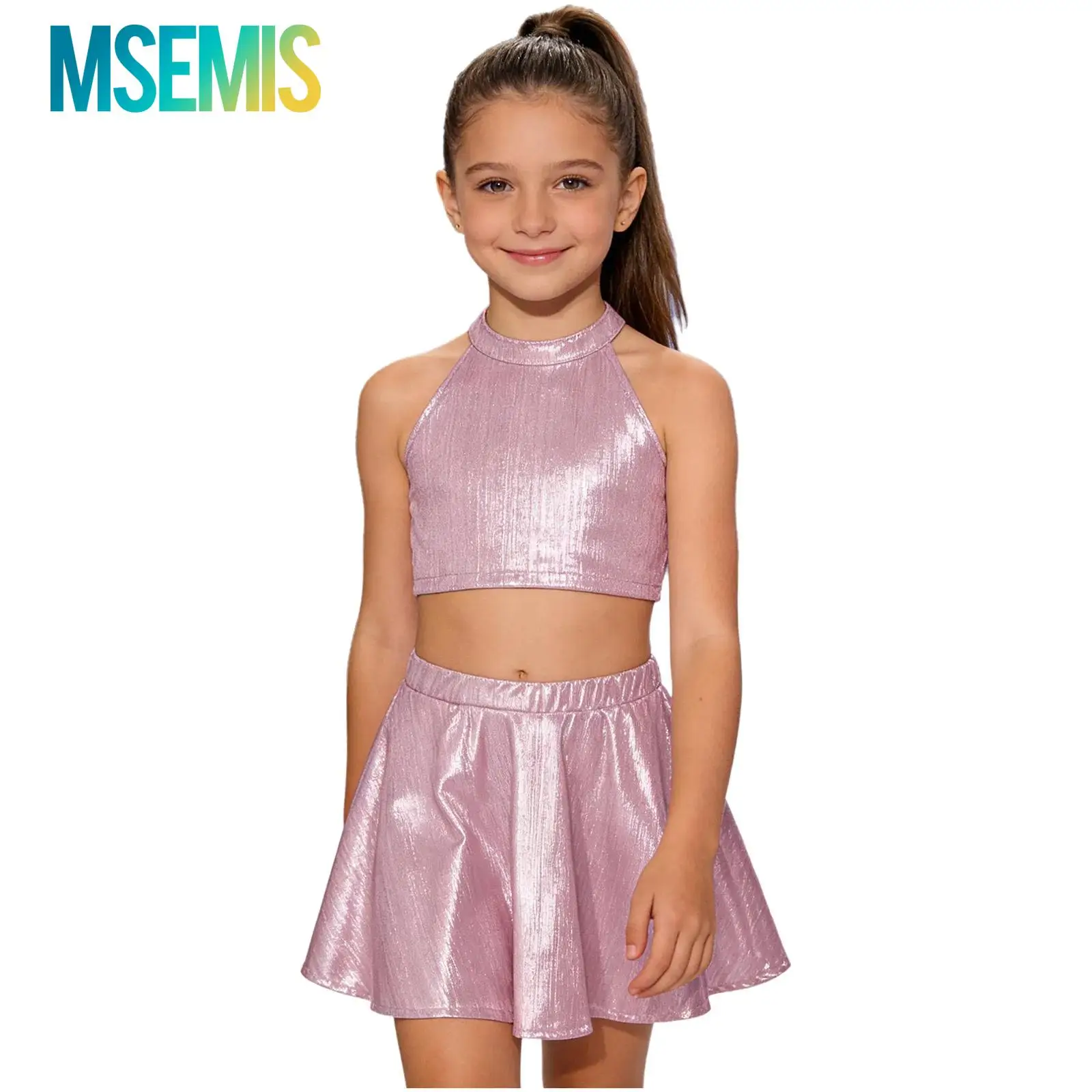 

Kids Girls Cheerleading Chorus Performance Costume Metallic Ribbed Dance Outfit Sleeveless Vest with Elastic Waistband Skirt